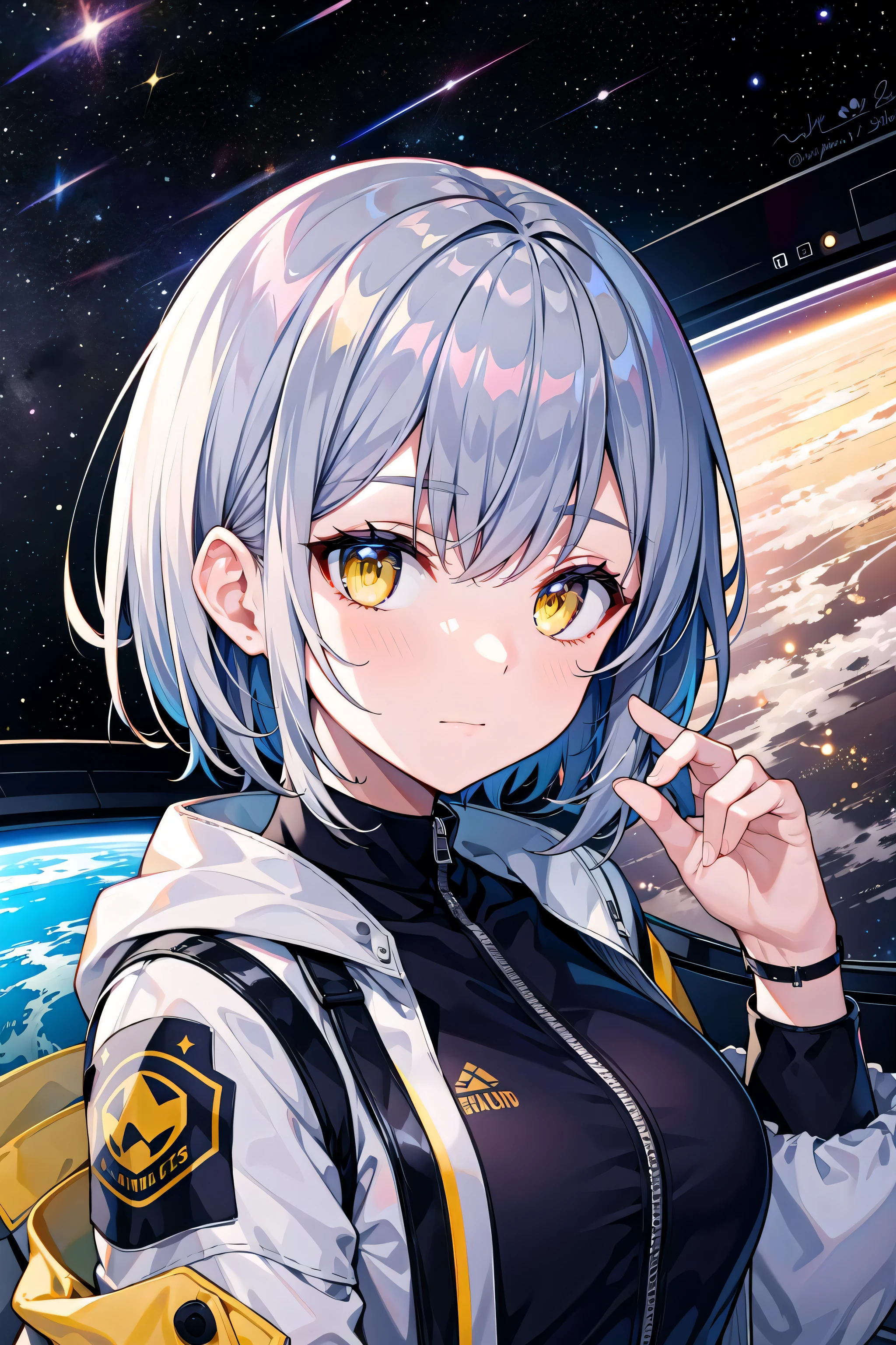 masterpiece, best quality, short hair, dark grey hair, yellow eyes, medium hair, medium breasts, close-up, indoors, space, science fiction, hand up, jacket, shirt,