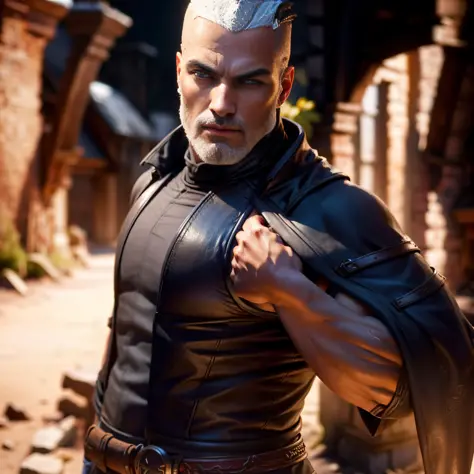 Create 1 wizard man, from The Witcher universe, strong, young, handsome, short black hair shaved on the side(dark hair), straigh...