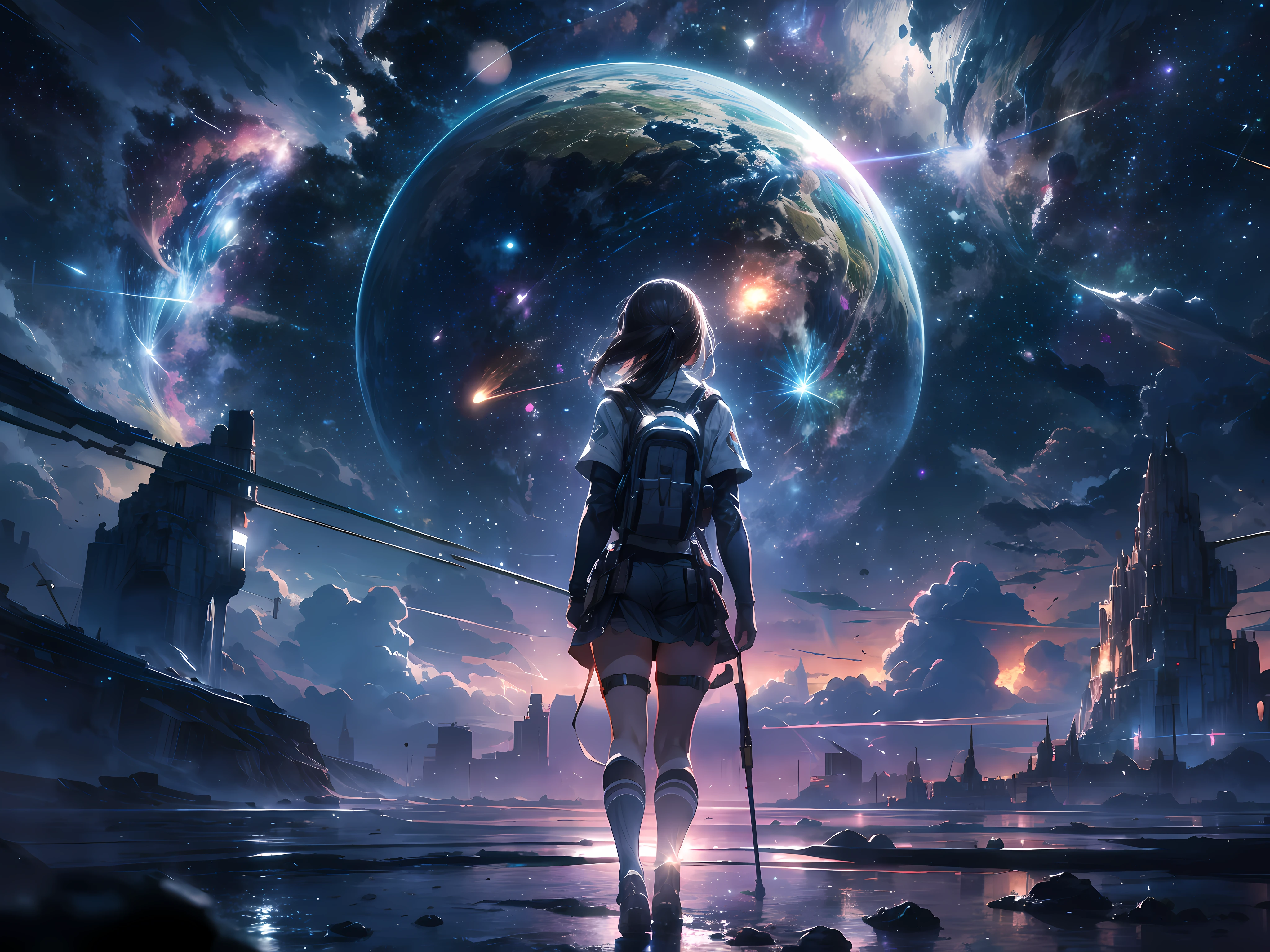 Draw a young female programmer, standing on a research platform floating in the middle of an asteroid belt, turn her back on viewers , from behind,surrounded by several asteroids glowing with fiery auras BREAK Dramatic lighting from distant stars and planets illuminates the scene, casting deep shadows on the suit, looking at the vast and mysterious universe with wonder and respect,BREAK,Detailed,Realistic,4k highly detailed digital art,octane render, bioluminescent, BREAK 8K resolution concept art, realism,by Mappa studios,masterpiece,best quality,official art,illustration,ligne claire,(cool_color),perfect composition,absurdres, fantasy,focused,rule of thirds