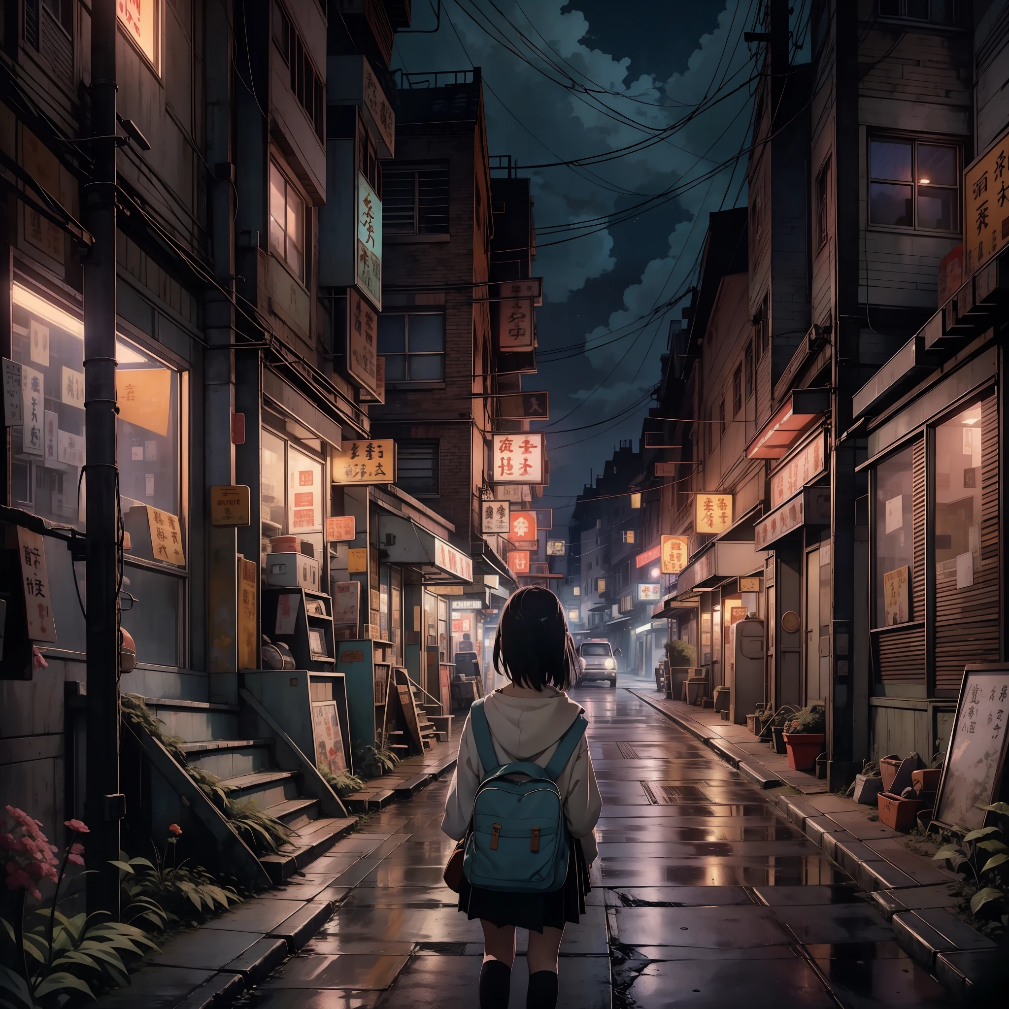 Ностальгическая цифровая картина, вдохновленная очаровательным миром Studio Ghibli.. На картине изображена очаровательная, улица маленького городка ночью, источая чувство спокойствия и удивления. Сцена подготовлена к кинематографическому моменту., напоминает сцену из фильма Гибли. В составе, одинокая школьница стоит в раздумье, она повернулась спиной к зрителю, излучающий нотку меланхолии. Мир вокруг нее прекрасно детализирован, передать суть ностальгической атмосферы. Небо над головой украшено захватывающим зрелищем звезд., вызывая чувство задумчивых воспоминаний, которое находит отклик у зрителей всех возрастов.