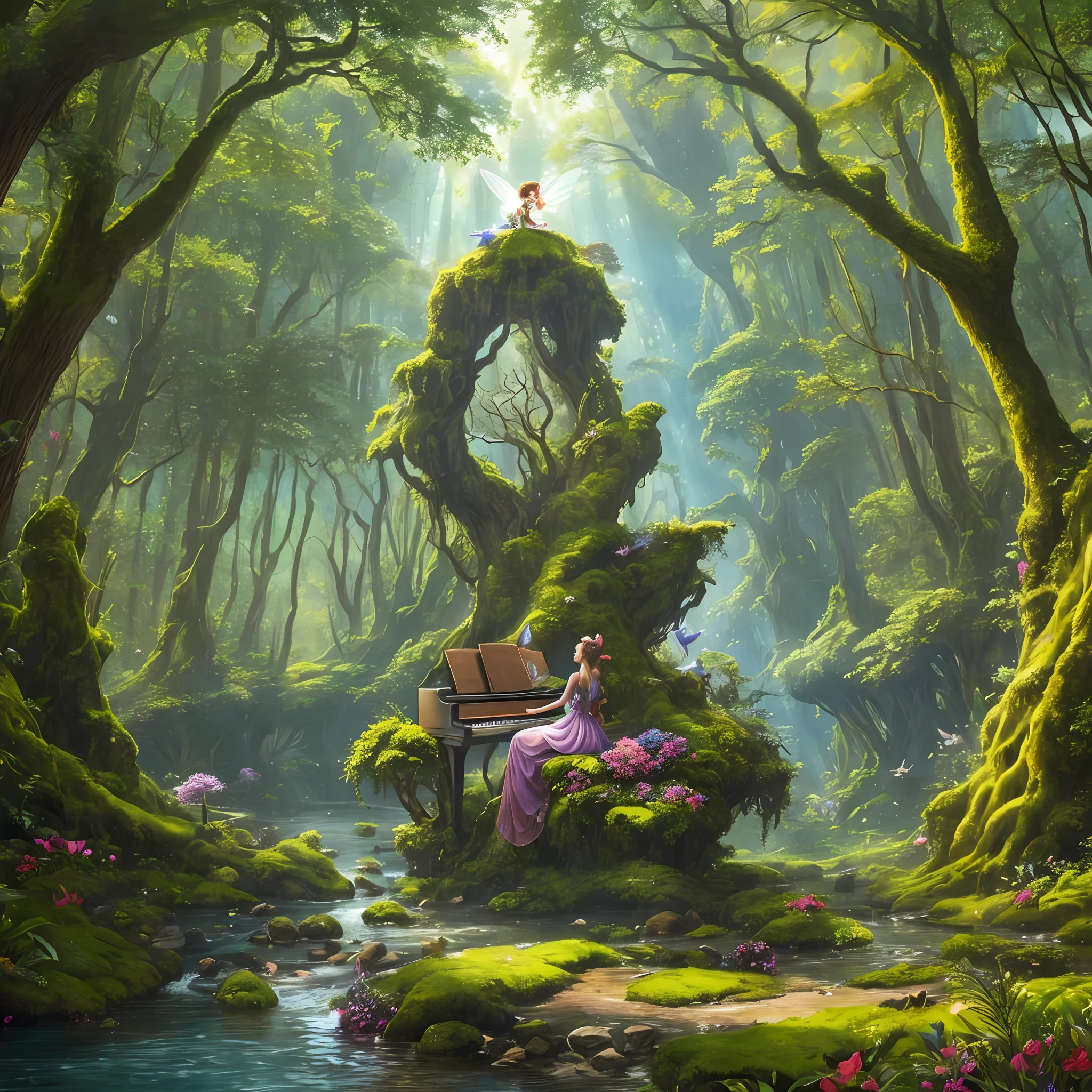 A fairy playing the piano, she stands on her back, in the middle of an enchanted forest, full of fanciful animals in a totally fantastic environment and rich in details and traits. Giant trees surround rivers and mountains on the horizon. It's like an enchanted paradise --auto --s2