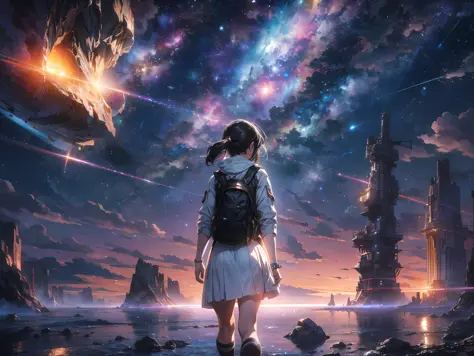 Draw a young female programmer, standing on a research platform floating in the middle of an asteroid belt, turn her back on viewers , from behind,surrounded by several asteroids glowing with fiery auras BREAK Dramatic lighting from distant stars and plane...
