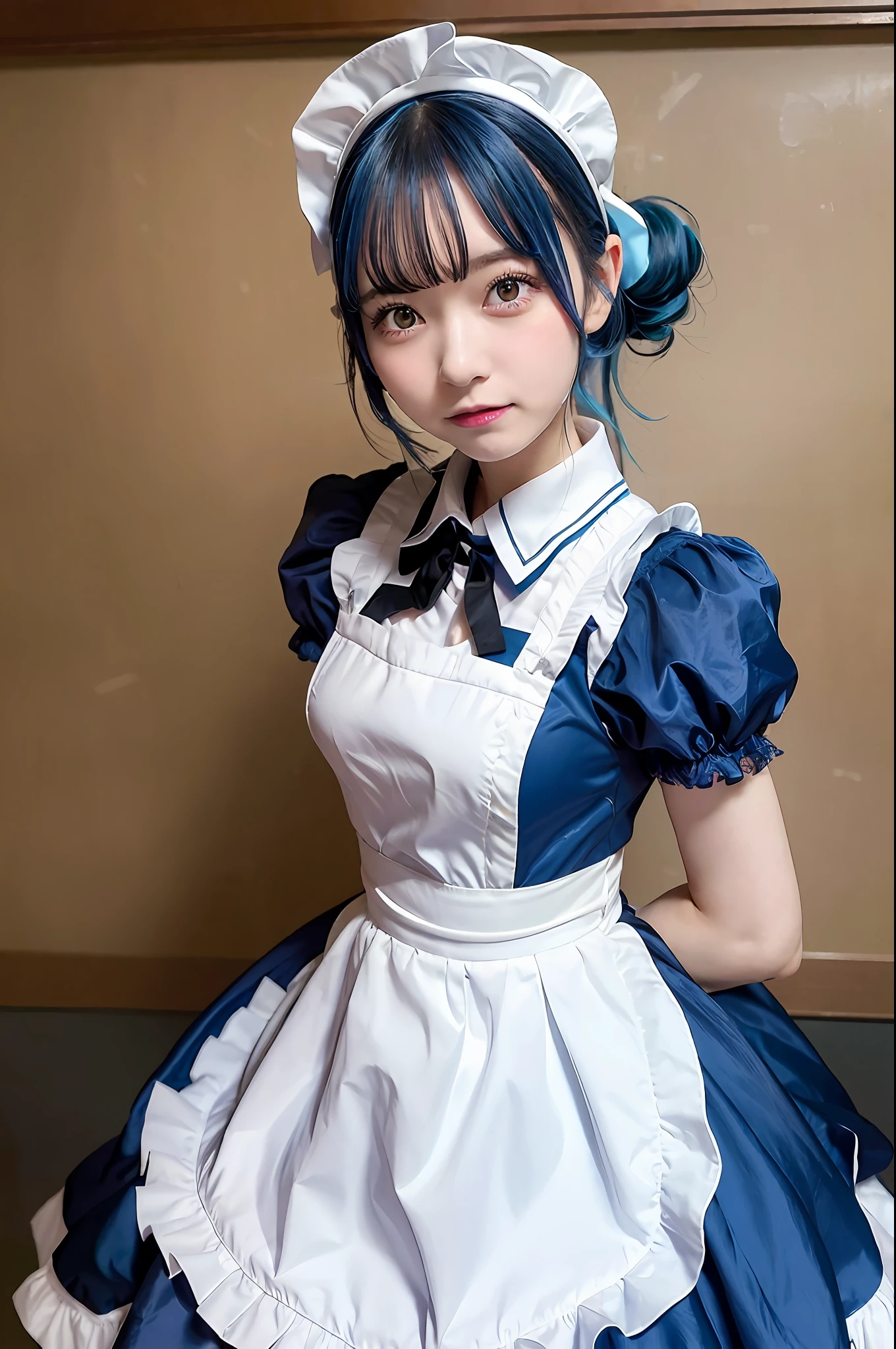 arafed image of a woman dressed in a maid outfit, rem rezero, anime girl cosplay, anime cosplay, cosplay, cosplay photo, cosplayer, hatsune miku cosplay, anime girl in a maid costume, cosplay of a catboy! maid! dress, short blue haired woman, full-cosplay, professional cosplay, anime girl in real life, perfect android girl