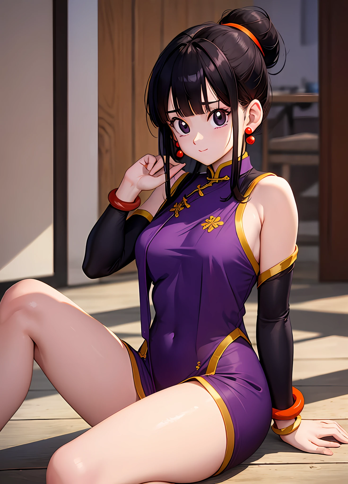 masterpiece, best quality, highest quality, perfect anatomy, perfect face, perfect eyes,
1girl, dbzch1ch1, sidelocks, bangs, single hair bun, hair bun, (black eyes), orange pashmina wrap, red sphere earrings , red wristbands, purple cheongsam, sexy  pose, sexy legs