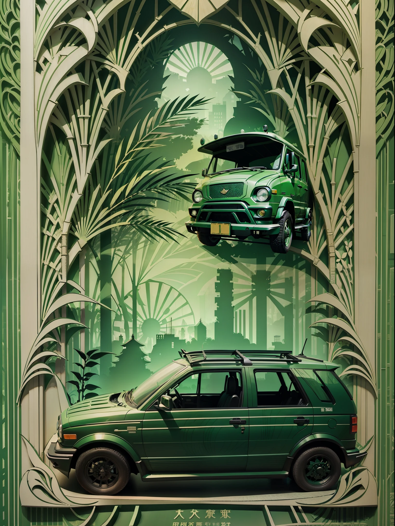 Green travel poster, paper cut works, urban and environmental theme paper cutting works, green, openwork design, bamboo, car, light and shadow, 3D