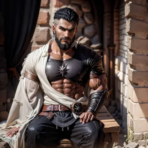 Create 1 wizard man, from The Witcher universe, strong, young, handsome, short black hair shaved on the side(dark hair), straigh...