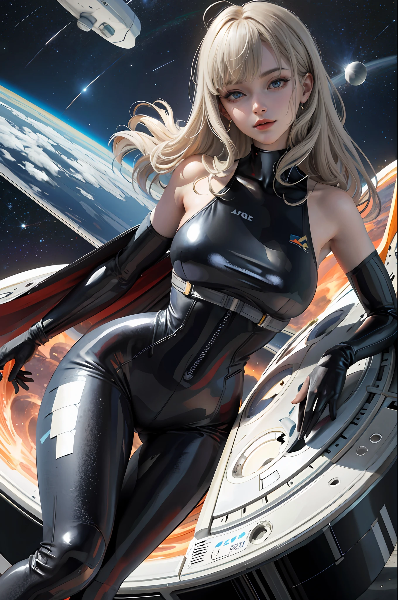 Blond haired woman in latex sitting on a spaceship in space - SeaArt AI