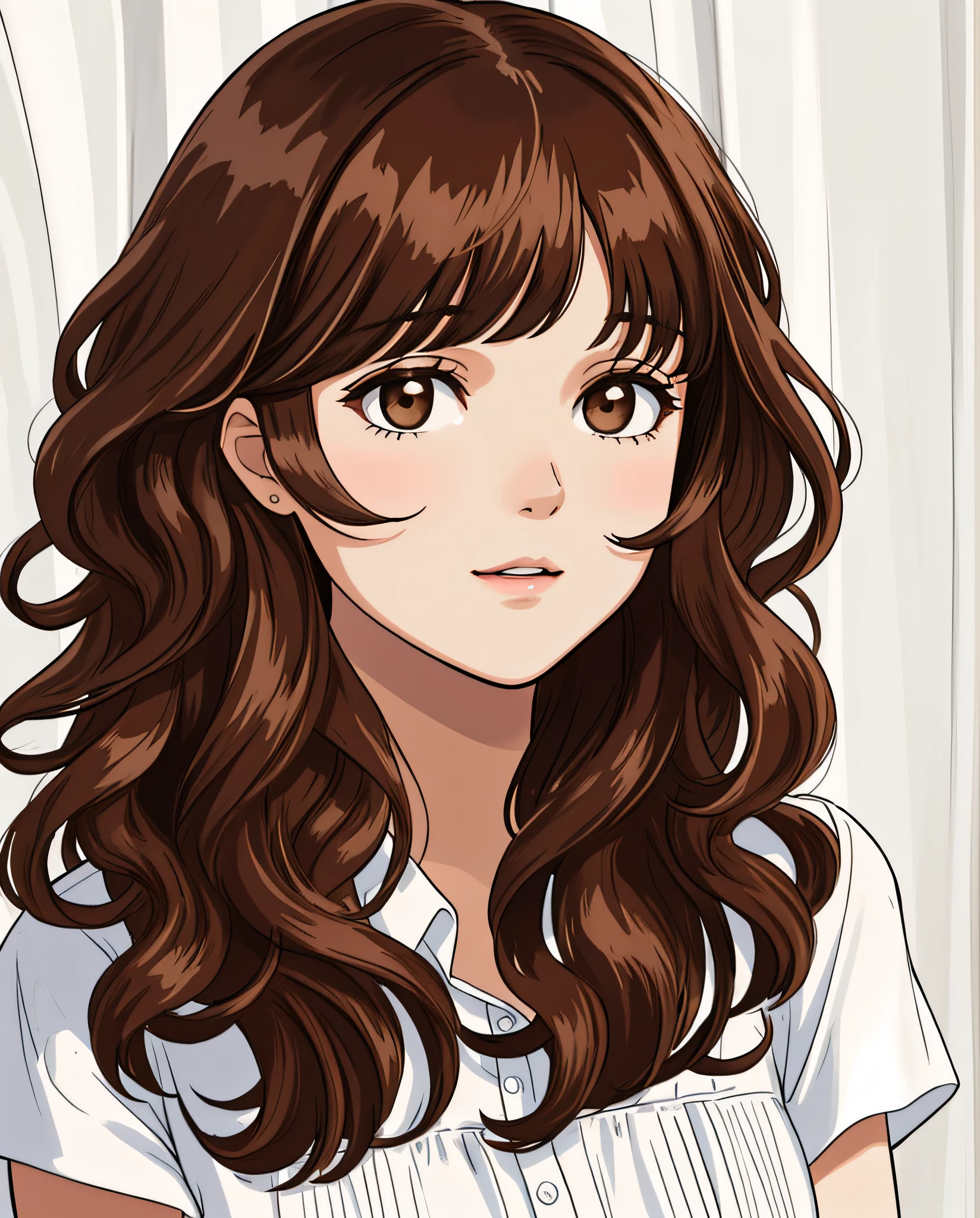 a close up of a woman with long hair and a white shirt, curtain bangs, center parted curtain bangs, brown hair with bangs, brown hair and bangs, black wavy hair with bangs, bangs and wavy hair, brown bangs, cut, center parted bangs, brown long hair with bangs, short brown hair with bangs, hair, big brown fringe