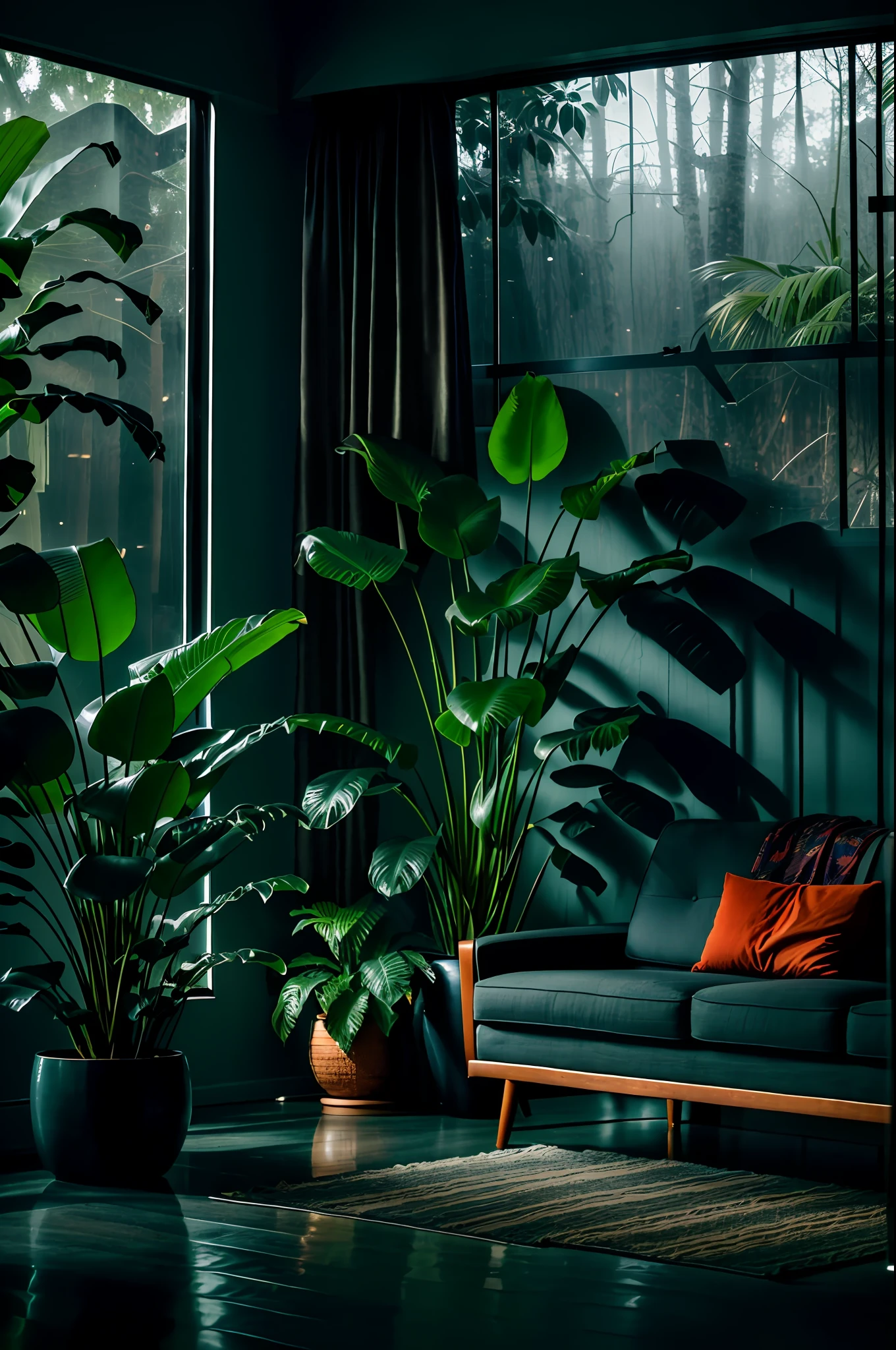 midcentury modern living room dimly lit with dark ฝนตก evening outside, (foggy ฝนตก evening:1.2), แปซิฟิกตะวันตกเฉียงเหนือ, (แสงสลัว:1.4), (แสงอารมณ์:1.2), พืช, large พืช, ฝนตก, สัตว์ประหลาด, many พืช, (หน้าต่างมีหมอก:1.2), ผลงานชิ้นเอก, คุณภาพดีที่สุด, ชั่วโมงพลบค่ำ, (ตอนกลางคืน:1.4), ฝนตก evening, หลังพระอาทิตย์ตก,