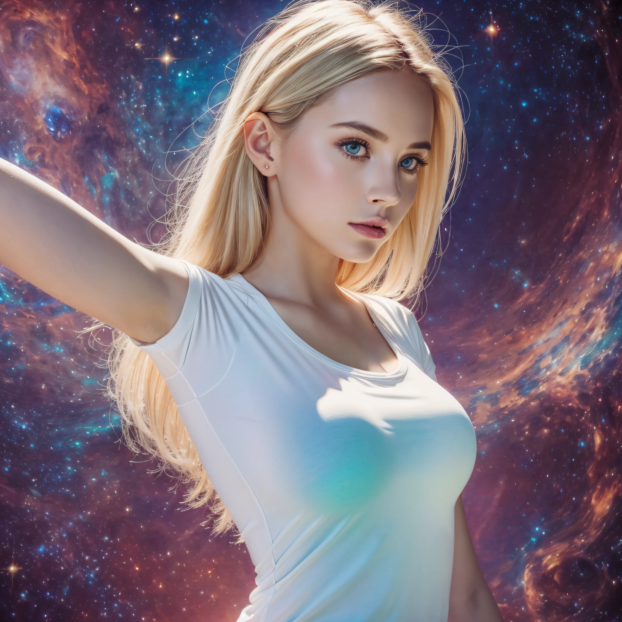 masterpiece, best quality, cinematic photo,  anatomically correct,
digital artwork illustration ,
innocent 20yo  woman, pale skin,
polish,
pronounced feminine features,
(stretching),
t-shirt,
straight blonde hair,
large breasts,


(cosmic background),
dark illustration style,
(8k, dynamic composition, photorealistic, sharp focus), elaborate background, cinematic, rule of thirds,
backlight,

film grain,
intricate details,
fine details, --s2