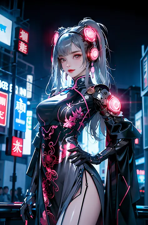 1 girl, Chinese_clothes, liquid silver and pink, cyberhan, cheongsam, cyberpunk city, dynamic pose, glowing headphones, glowing ...
