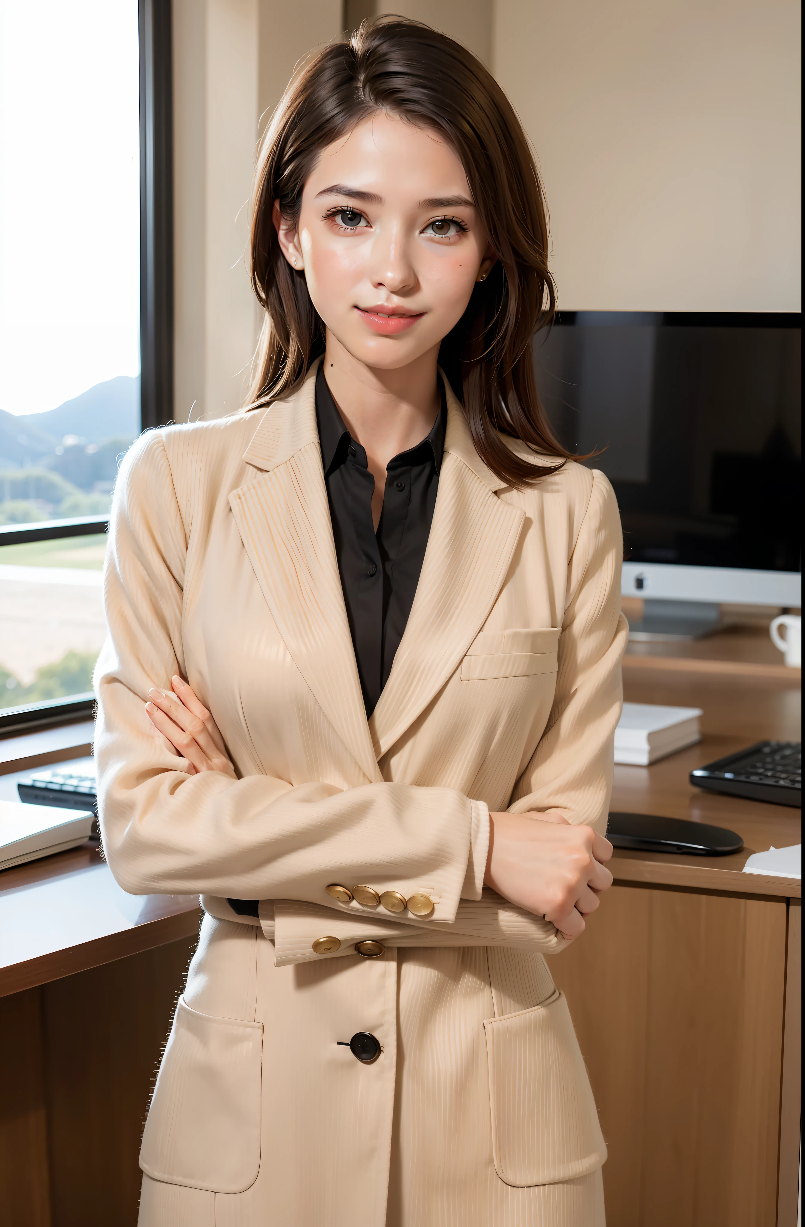 1girl, solo, lips parted, light smile, office lady, business suit,
river, mountain, hand on arm, looking at the viewer,