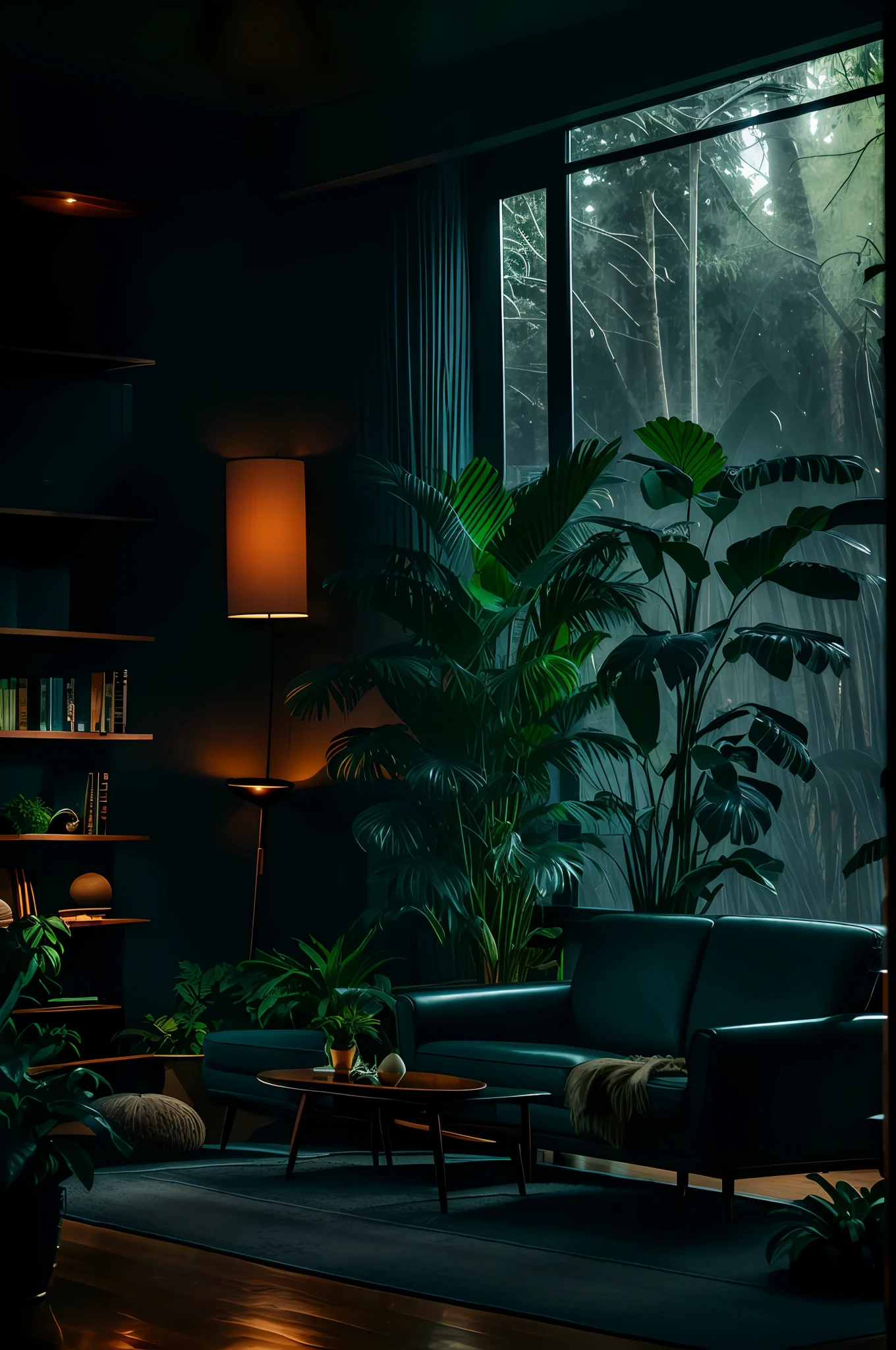 midcentury modern living room dimly lit with dark lluvioso evening outside, (foggy lluvioso evening:1.2), noroeste pacífico, (tenue iluminación:1.4), (iluminación cambiante:1.2), plantas, large plantas, lluvioso, monstruo, many plantas, (ventanas empañadas:1.2), Obra maestra, mejor calidad, hora del crepúsculo, (Noche:1.4), lluvioso evening, después de la puesta del sol,