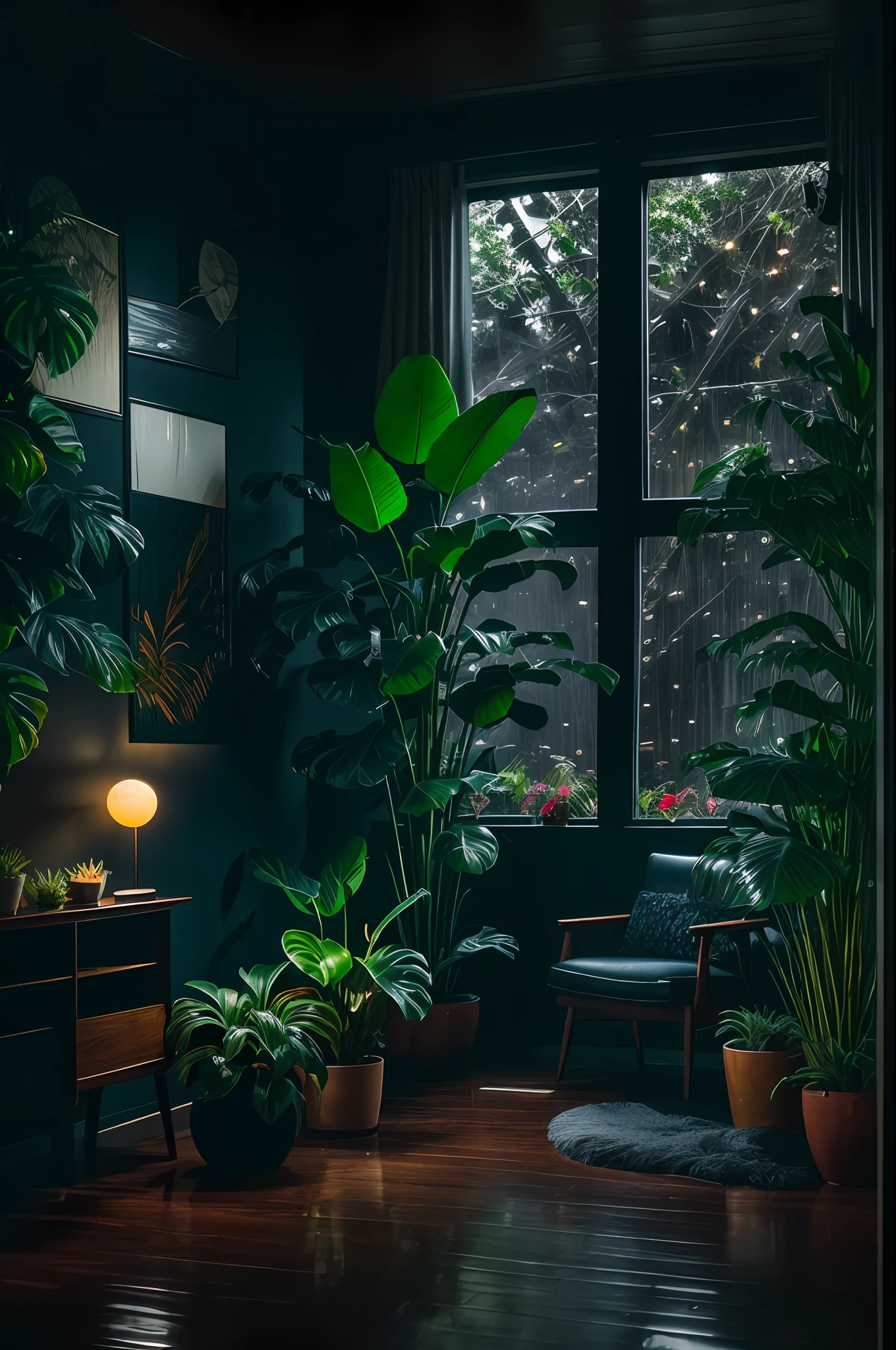 dimly lit mid-century modern living room with dark and chuvoso noite outside, (chuvoso and foggy noite: 1.2), noroeste Pacífico, (Iluminação fraca: 1.4), (Iluminação fraca: 1.2), plantas, large plantas, chuvoso, monstro, many plantas, (janelas embaçadas:1.2), Obra de arte, melhor qualidade, hora do crepúsculo, (noite:1.4), tarde chuvosa, após o por do sol,
