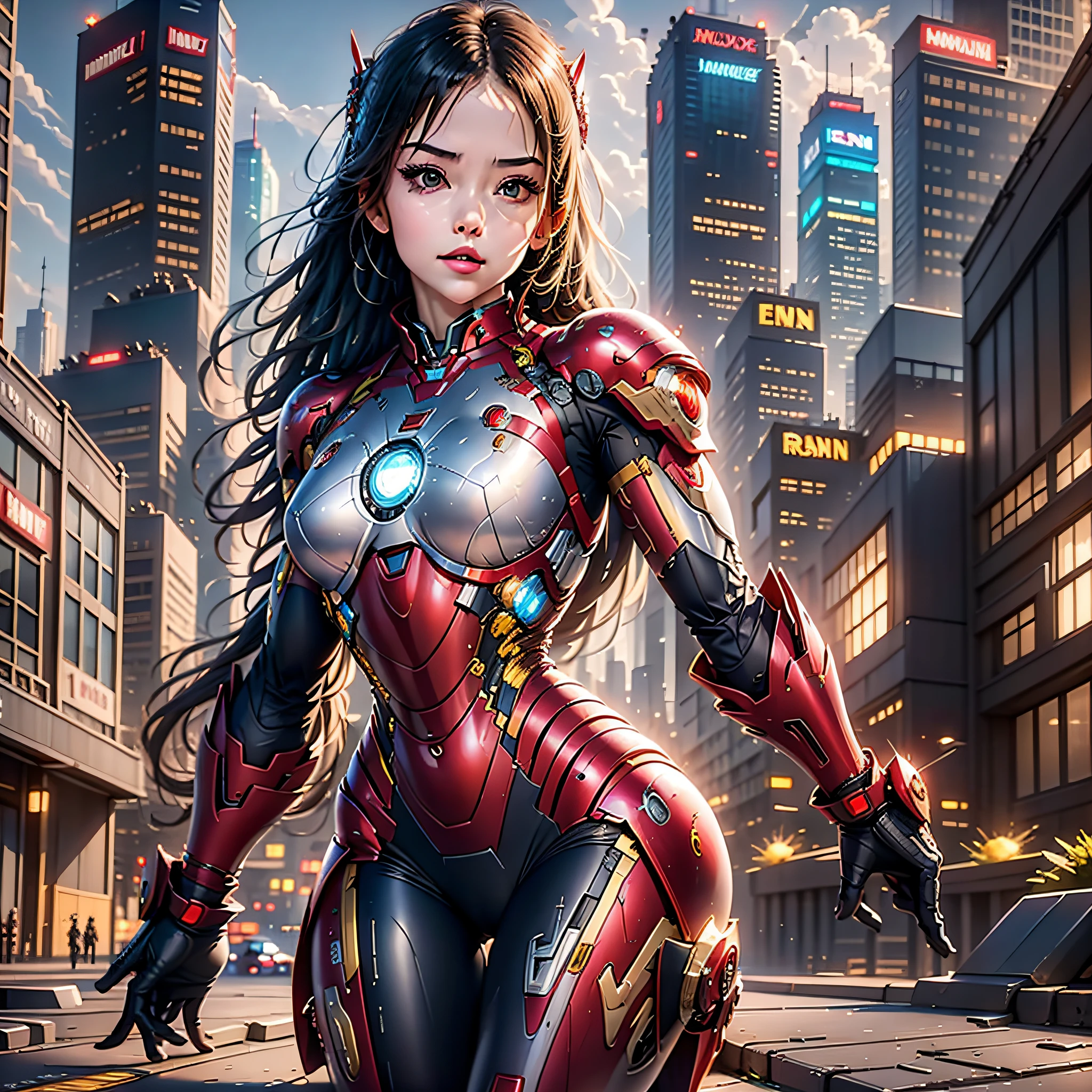 8k, realistic, attractive, highly detailed, a 20 year old girl a sexy and attractive woman inspired by Iron Man wearing a shiny Iron Man mech. She dresses with sensuality and confidence, perfectly interpreting Iron Man&#39;s strength and charisma. The abandoned warehouse serves as a backdrop, creating a unique atmosphere that highlights her bravery and perseverance. The tall buildings and buildings on the street exude the unique charm of cyberpunk, and the neon light outlines the outline of the city, which sets off the powerful strength and personality charm of Iron Man. This high-definition, high-quality picture will bring you stunning visual enjoyment, a perfect combination of sexy, futuristic and sci-fi elements. oc rendering, dramatic lighting, award winning quality