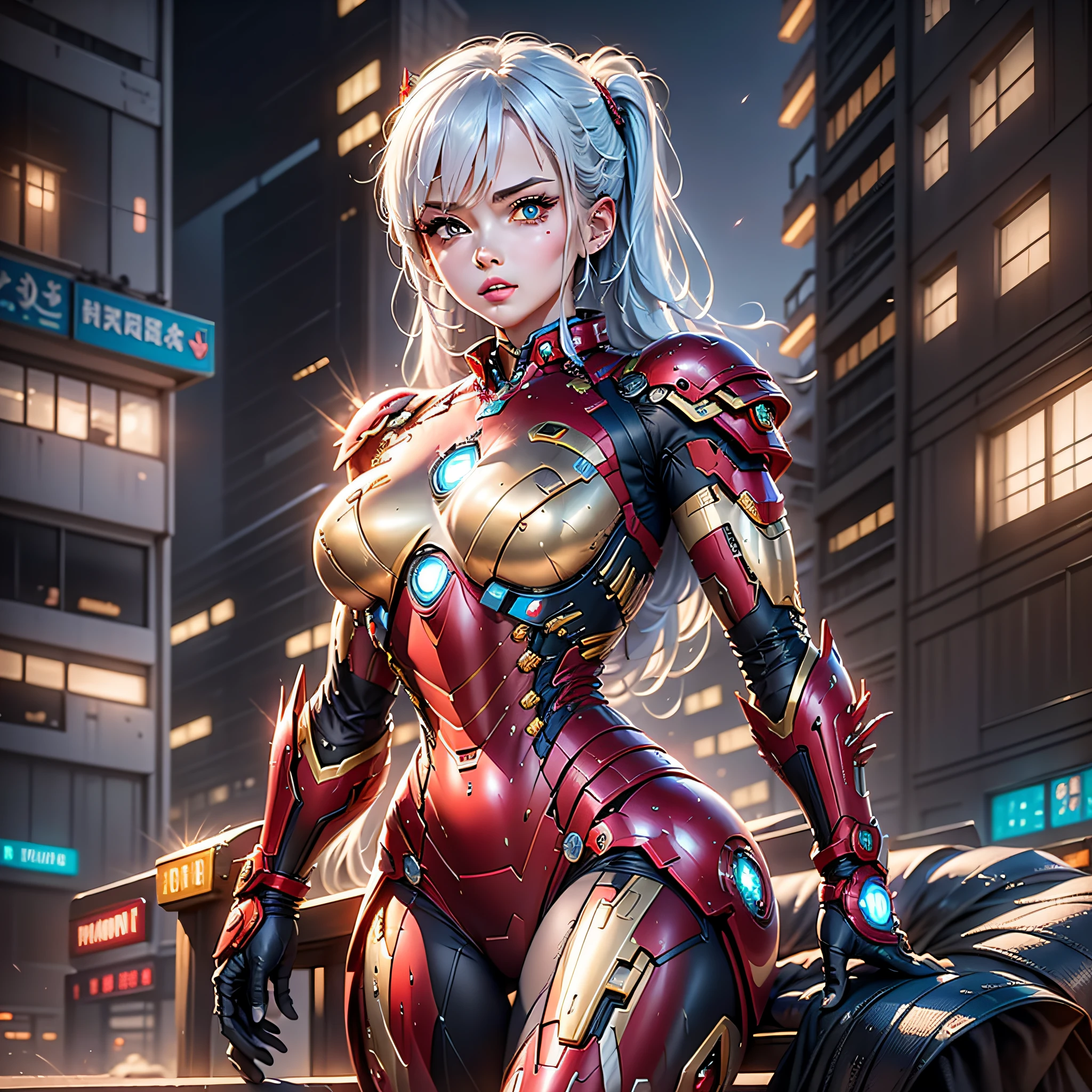 8k, realistic, attractive, highly detailed, a 20 year old girl a sexy and attractive woman inspired by Iron Man wearing a shiny Iron Man mech. She dresses with sensuality and confidence, perfectly interpreting Iron Man&#39;s strength and charisma. The abandoned warehouse serves as a backdrop, creating a unique atmosphere that highlights her bravery and perseverance. The tall buildings and buildings on the street exude the unique charm of cyberpunk, and the neon light outlines the outline of the city, which sets off the powerful strength and personality charm of Iron Man. This high-definition, high-quality picture will bring you stunning visual enjoyment, a perfect combination of sexy, futuristic and sci-fi elements. oc rendering, dramatic lighting, award winning quality