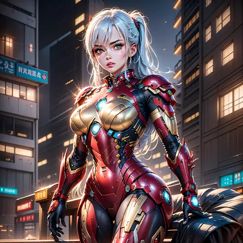 8k, realistic, attractive, highly detailed, a 20 year old girl a sexy and attractive woman inspired by iron man wearing a shiny ...