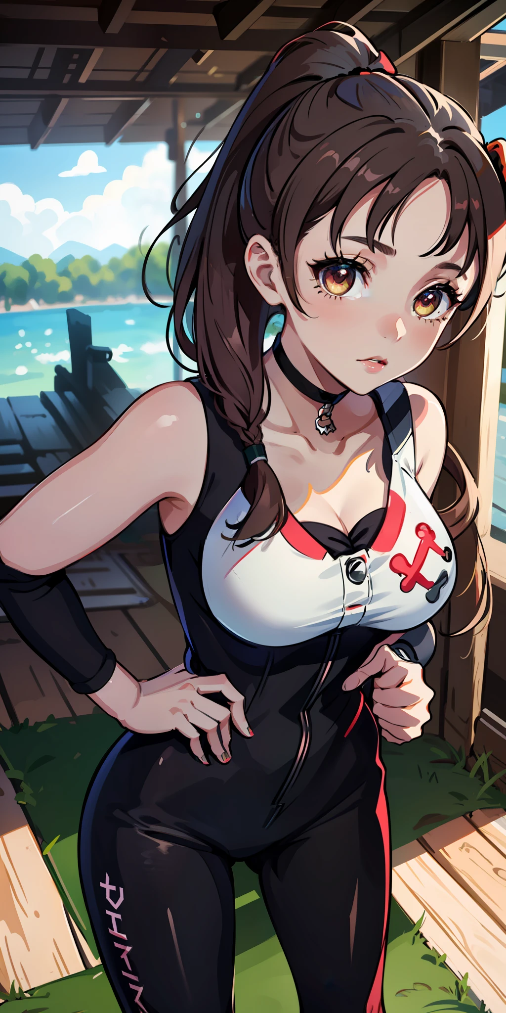 (masterpiece:1.2, best quality), (finely detailed beautiful eyes: 1.2), a girl with a brown ponytail, green eyes, big breasts, only 1 girl, age 20, black red dva jumpsuit