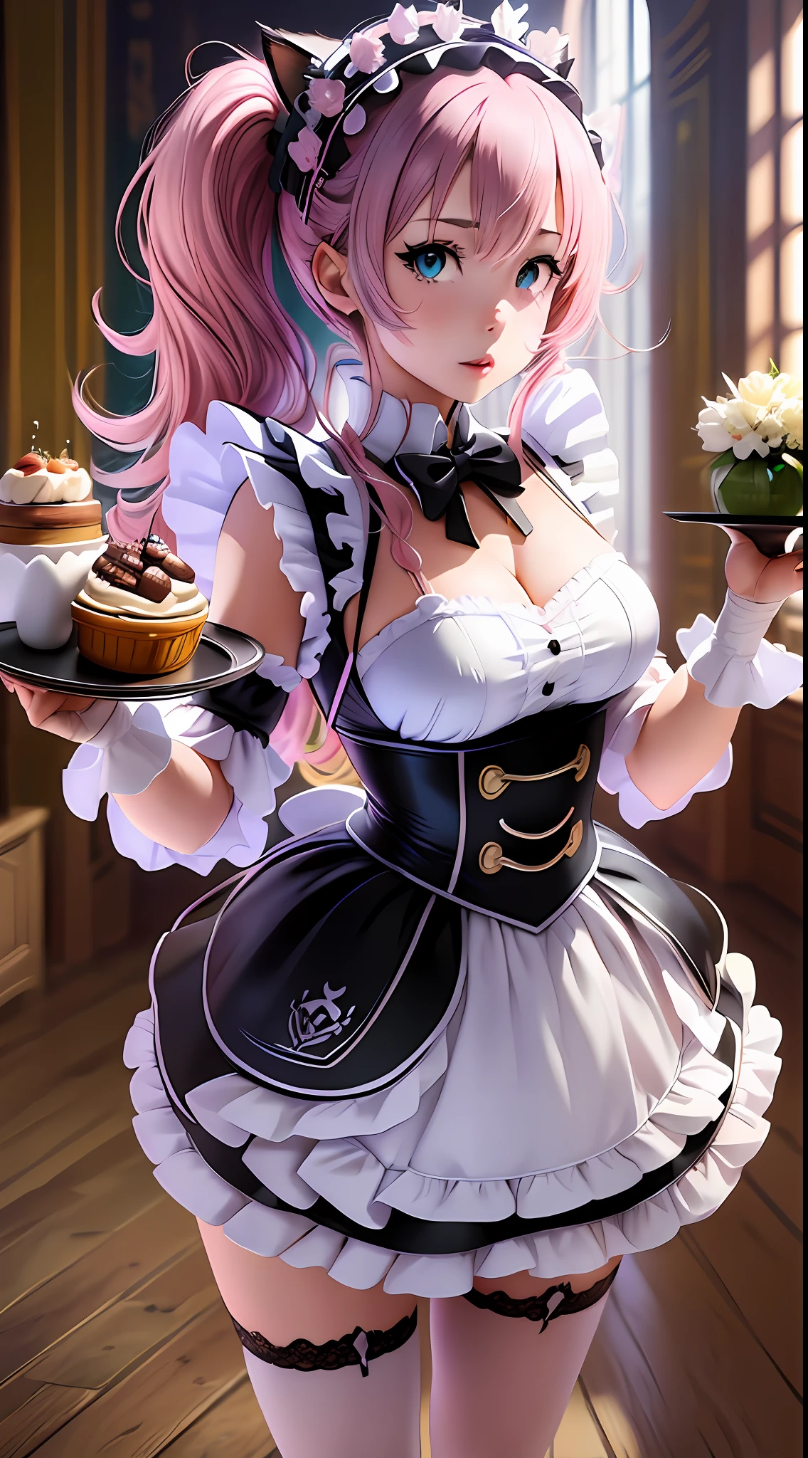 A closeup of an anime character holding a food tray, anime cat girl with pink hair in a maid costume, full body commission for, commission for high resolution, maid outfit, anime girl in a maid costume, cosplay of a cat! maid! dress, oc commission, in pixiv, cute anime cat, (waitress) girl, catgirl anime, beautiful maid, full body commission for anime, hyper realistic texture, realistic photo, ultra detailed, no drawing edges, would be, photorealistic, dark scenery, fighting using sword and pistol, Fighting in battle in a dark place, texture of ultra realistic clothes, Natural lighting,  realistic lighting, no dark edges, detailed shadows, ultra realistic photo, absurd realistic, realism, no drawing edges, ultra absurd photorealistic, mega realistic hair, mega realistic clothes, absurdly realistic details, no deformities, no drawing edges, no drawing lines, 8K, 4K