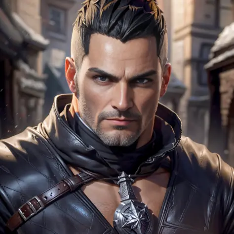 Create 1 wizard man, from The Witcher universe, strong, young, handsome, short black hair shaved on the side(dark hair), straigh...