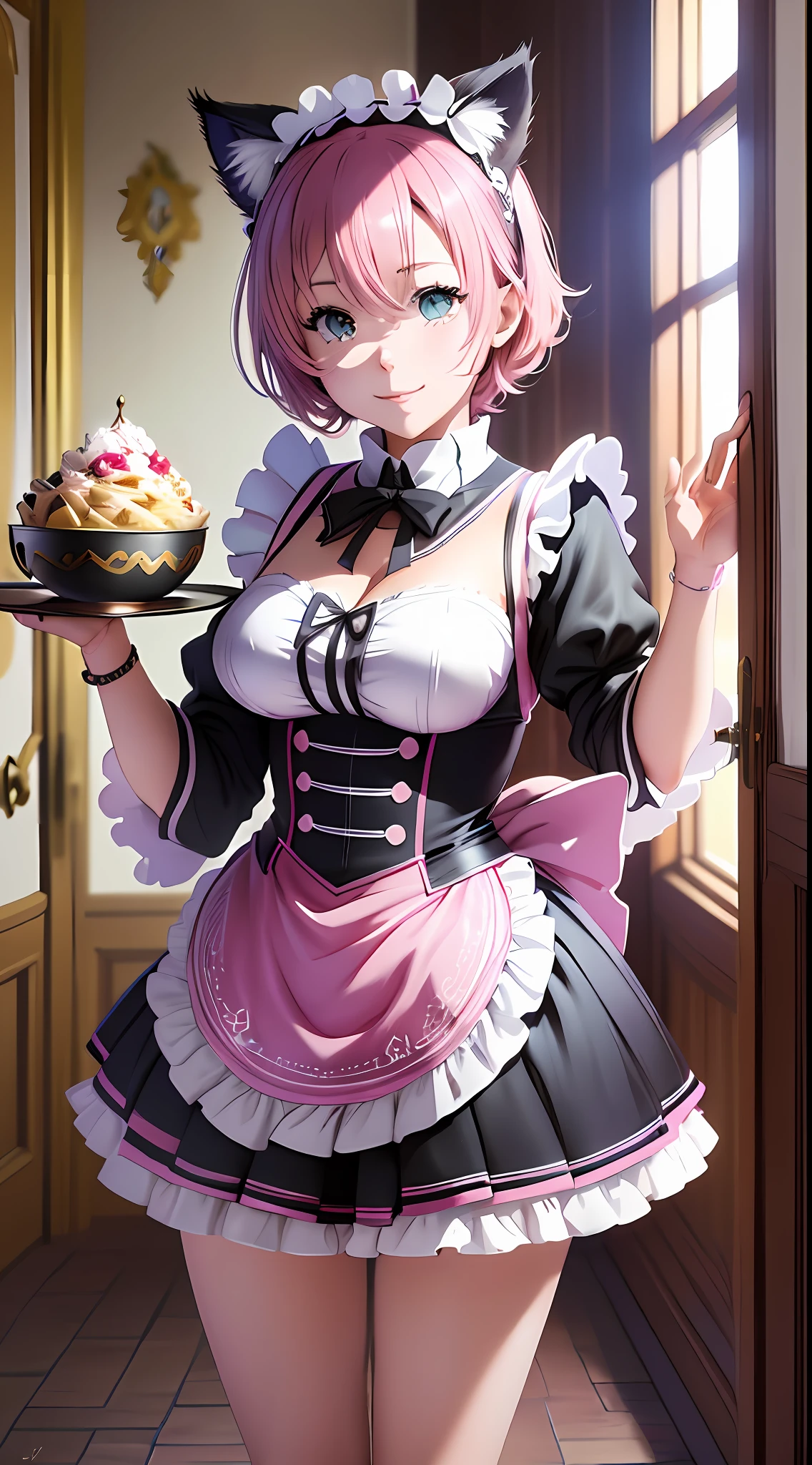 (لقطة قريبة لشخصية أنمي تحمل صينية طعام), (anime cat بنت with pink cat ears and pink hair in a maid costume), عمولة الجسم بالكامل, لجنة عالية الدقة, (زي خادمة), (anime بنت in a maid costume, كوسبلاي قطة) (فستان قصير), لجنة اوك,  في بيكسيف, قطة انمي لطيفة, (نادلة) بنت, catبنت anime, خادمة جميلة, عمولة الجسم بالكامل for anime, نسيج واقعي للغاية, صورة واقعية, مفصلة للغاية, لا حواف الرسم, يبتسم! , واقعية, مشهد مظلم, القتال باستخدام السيف والمسدس, القتال في المعركة في مكان مظلم, نسيج من الملابس الواقعية للغاية, الإضاءة الطبيعية, إضاءة واقعية, لا حواف داكنة, الظلال التفصيلية, ultra صورة واقعية, واقعية سخيفة, الواقعية, لا حواف الرسم, ultra absurd واقعية, شعر واقعي ضخم, ملابس واقعية ضخمة, تفاصيل واقعية بشكل سخيف, لا تشوهات, لا حواف الرسم,  لا خطوط الرسم, 8 ك, 4K