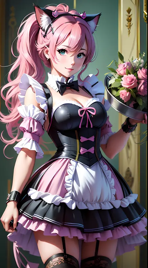(a closeup of an anime character holding a tray of food), (anime cat girl with pink cat ears and pink hair in a maid costume), f...