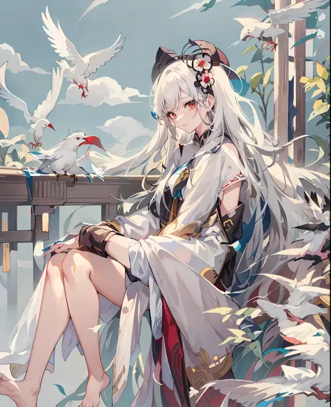 Anime boy sitting on a bench, birds flying around her, white-haired god, Guwiz, flowing white robe, Ye Xin, beautiful character painting, long white hair, Guvitz-style artwork, Yang J, inspired by Bian Shoumin, white long hair, Keqing from Genshin impact, ...
