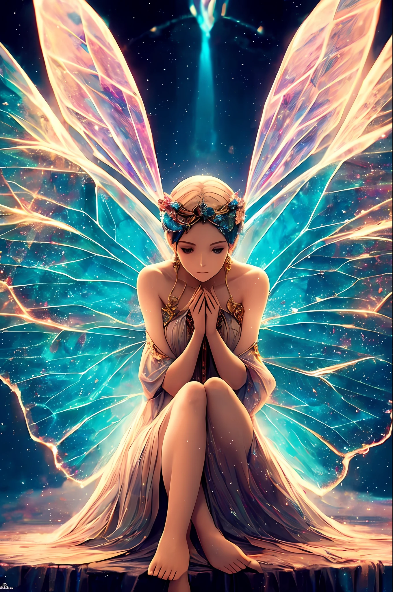 Image of a fragile woman with delicate features, sitting curled up with her hands hugging around her legs. It has butterfly wings sticking out of its back, symbolizing the idea of liberation. The image is colorful, but has a context of light that surrounds it, highlighting the delicacy and the sense of hope. The wings are visible and draw attention, representing transformation and the quest for . ((best quality)), ((masterpiece)), ((realistic)), portrait, 1girl, heavenly, deity, goddess, particles of light, halo, looking at the viewer, (bioluminescent: 0.95) ocean, bioluminescent, vibrant, colorful, color, (bright, brightness), (beautiful composition), cinematic lighting, intricate, (symmetrical: 0.5), capricious,