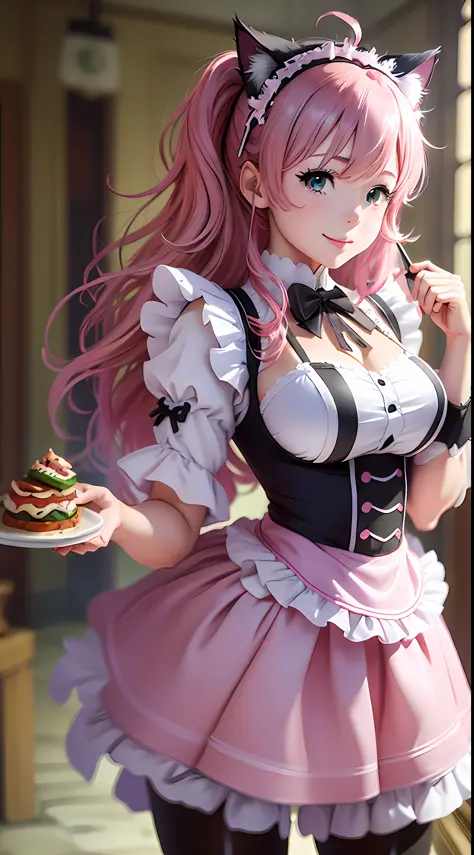 (a closeup of an anime character holding a tray of food), (anime cat girl with pink cat ears and wavy and loose pink hair, in a ...