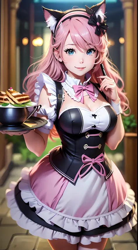 (a closeup of an anime character holding a tray of food), (anime cat girl with pink cat ears and wavy and loose pink hair, in a ...