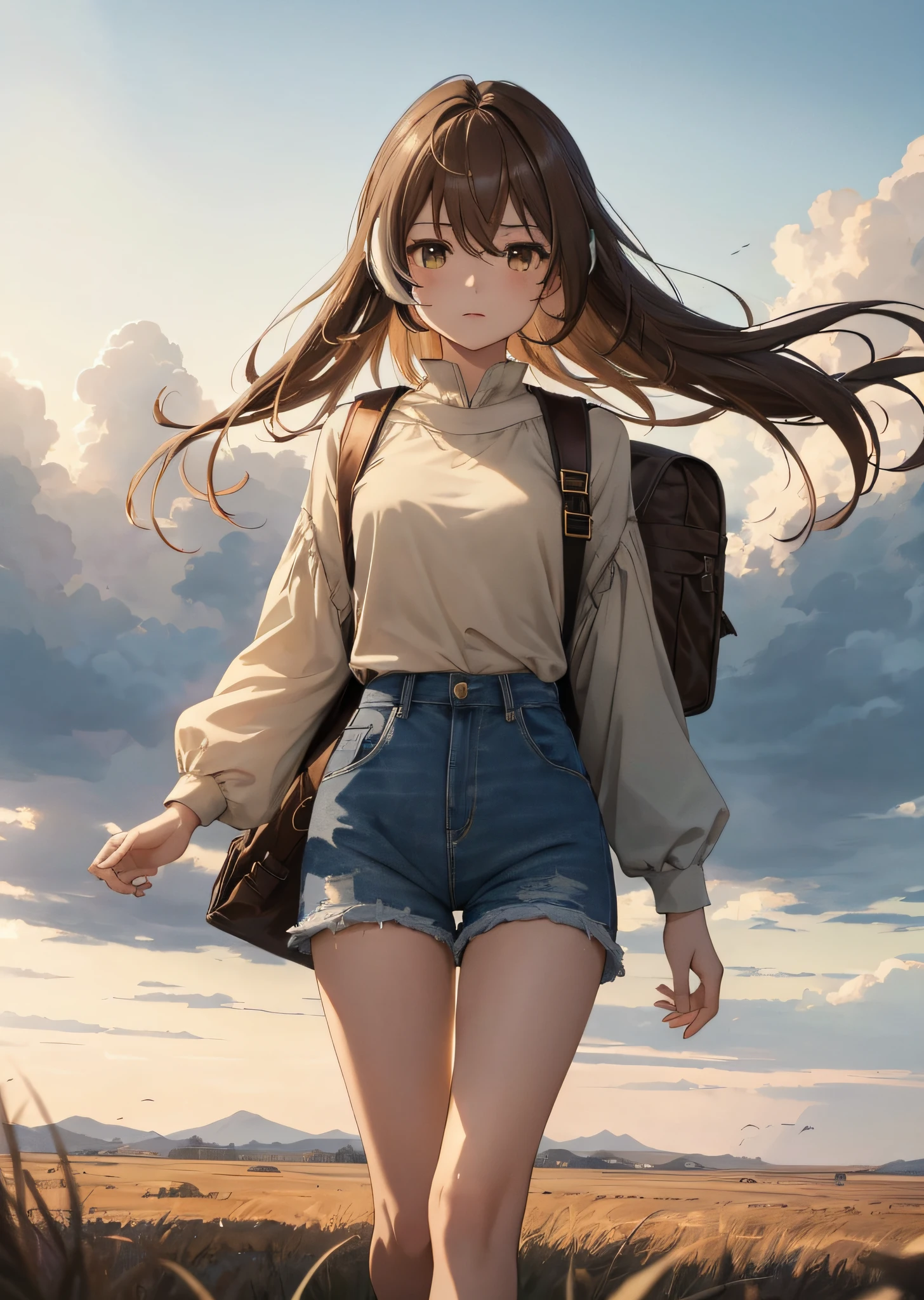 (figure: nanashi mumei), {brown hair}, (masterpiece:1.2), 1girl, 独奏, The vast sky, beautiful skyline, large grasslands, extremely tense and dramatic pictures, moving visual effects, high hanging Polaris, colorful natural glare. A girl in a long-sleeved top and denim shorts with a side backpack