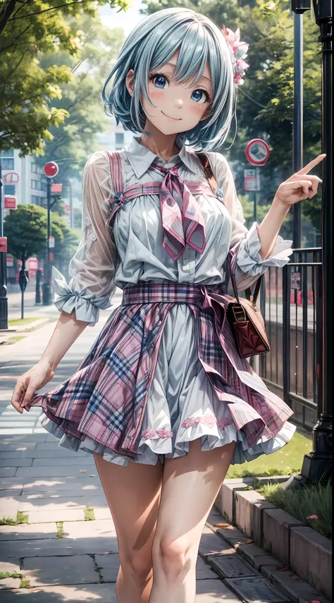 anime style, 1girl, particles of light, POV, ((big smile)), ((blue eyes)), pink skirt and white blouse tied in front, blue hair ...