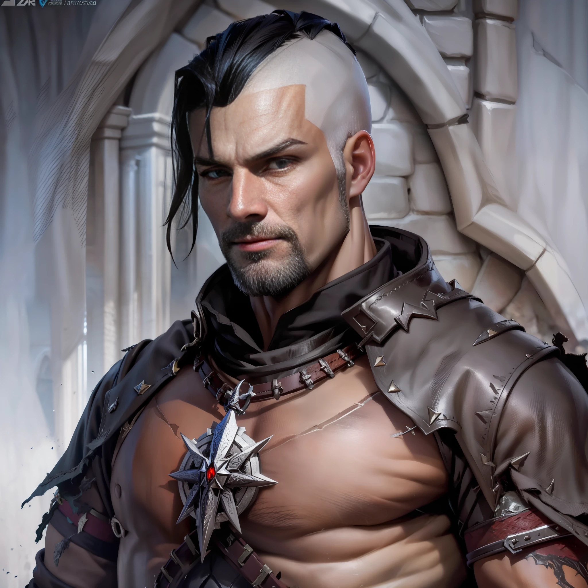 Create 1 wizard man, from The Witcher universe, strong, young, handsome, short black hair shaved on the side(dark hair), straight face without hair on the face(no beards), white skin, full body, beautiful, 8k quality, realistic, detailed face, realistic, well detailed eyes(realistic eyes)