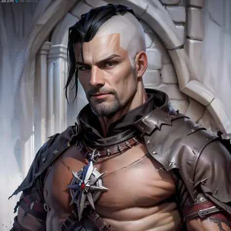 Create 1 wizard man, from The Witcher universe, strong, young, handsome, short black hair shaved on the side(dark hair), straigh...