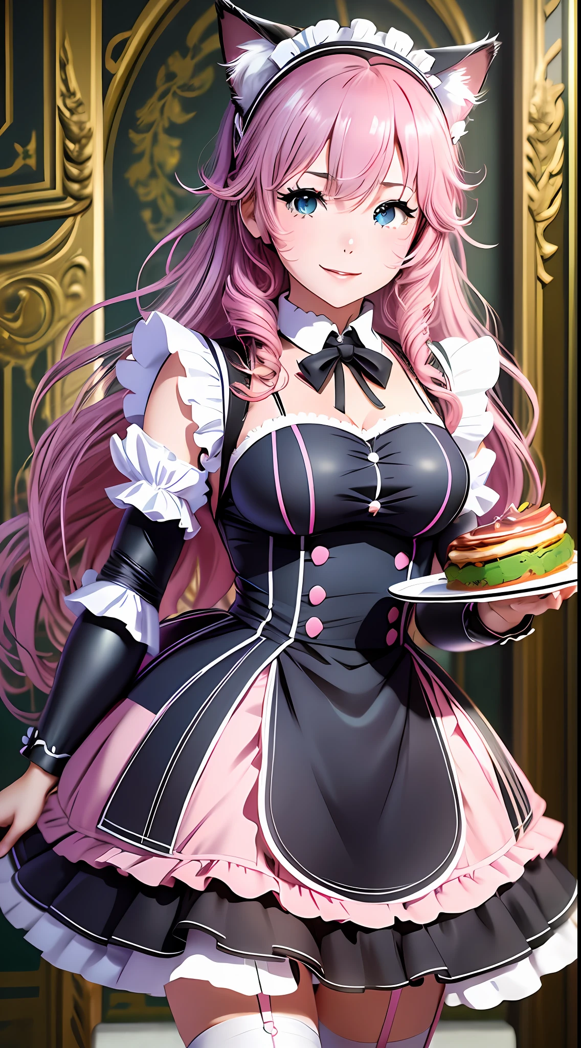 (Un primer plano de un personaje de anime sosteniendo una bandeja de comida), (anime cat chica with pink cat ears and wavy and loose pink hair, en un traje de sirvienta), comisión de cuerpo completo, Comisión de alta resolución, (traje de mucama), (anime chica en un traje de sirvienta, cosplay de un gato) (vestido corto), ,  comisión oc, en pixiv, lindo gato animado, (camarera) chica, catchica anime, hermosa doncella, comisión de cuerpo completo for anime, textura hiperrealista, foto realista, ultra detallado, sin bordes de dibujo, sonriente! , Fotorrealista, paisaje oscuro, Lucha con espada y pistola, Luchando en batalla en un lugar oscuro, textura de ropa ultra realista, iluminación natural, Iluminación realista, sin bordes oscuros, sombras detalladas, ultra foto realista, absurdo realista, realism, sin bordes de dibujo, ultra absurd Fotorrealista, pelo mega realista, ropa mega realista, detalles absurdamente realistas, no deformities, sin bordes de dibujo,  sin líneas de dibujo, 8K, 4k