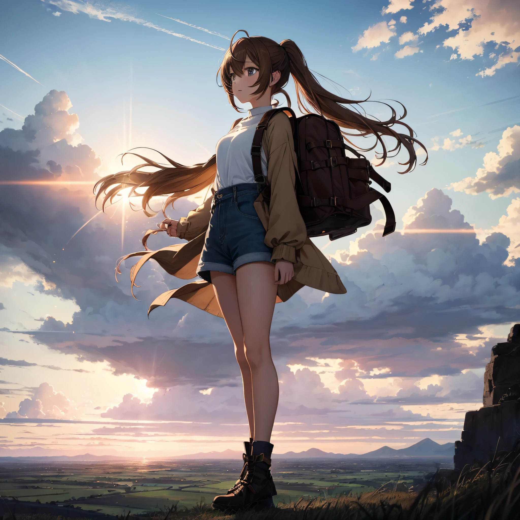 (figure: nanashi mumei), {brown hair}, (masterpiece:1.2), 1girl, 独奏, The vast sky, beautiful skyline, large grasslands, extremely tense and dramatic pictures, moving visual effects, high hanging Polaris, colorful natural glare. A girl in a long-sleeved top and denim shorts with a side backpack