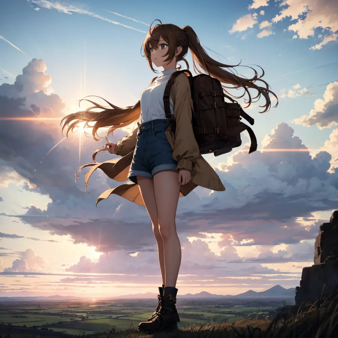 (人物: Nanashi Mumei), {brown hair}, (masterpiece:1.2), 1girl, solo, The vast sky, beautiful skyline, large grasslands, extremely ...
