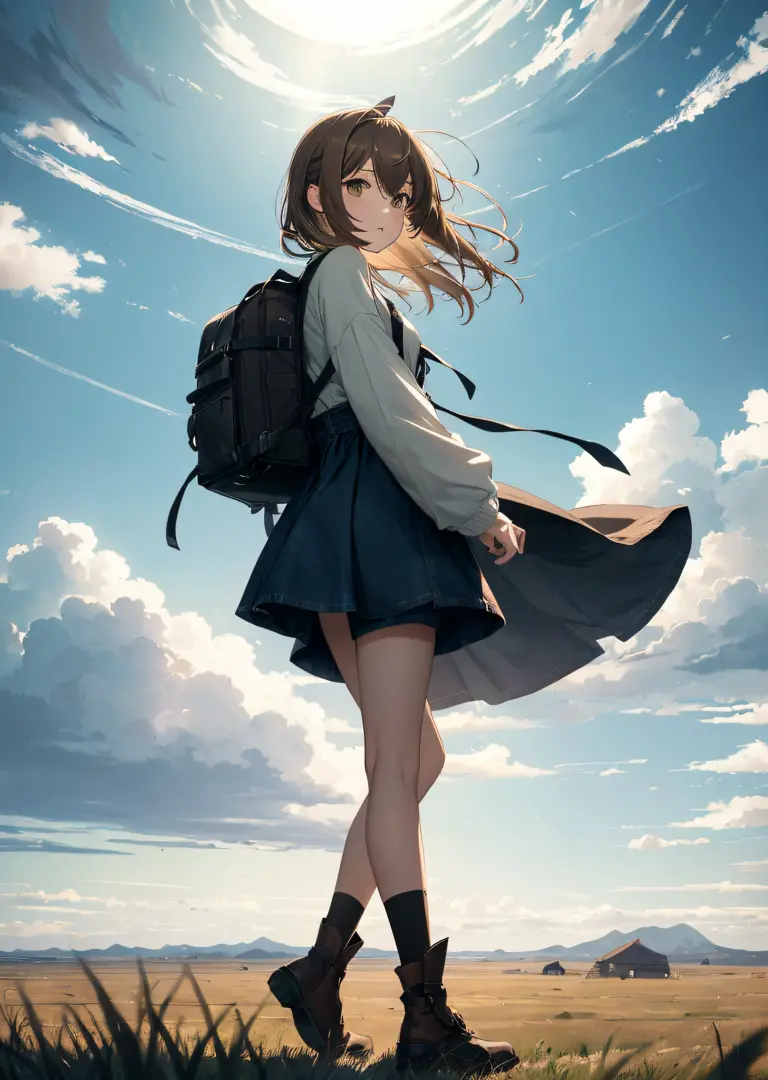 (人物: nanashi mumei), {brown hair}, (masterpiece:1.2), 1girl, solo, the vast sky, beautiful skyline, large grasslands, extremely ...