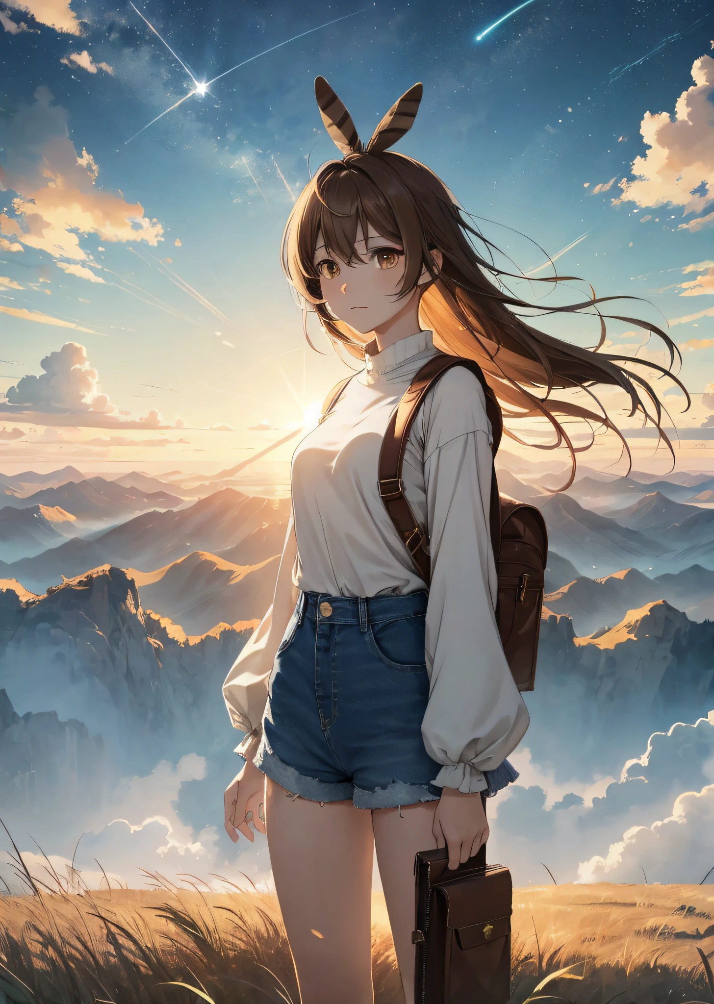 (人物: Nanashi Mumei), {brown hair}, (masterpiece:1.2), 1girl, solo, The vast sky, beautiful skyline, large grasslands, extremely tense and dramatic pictures, moving visual effects, high hanging Polaris, colorful natural glare. A girl in a long-sleeved top and denim shorts with a side backpack