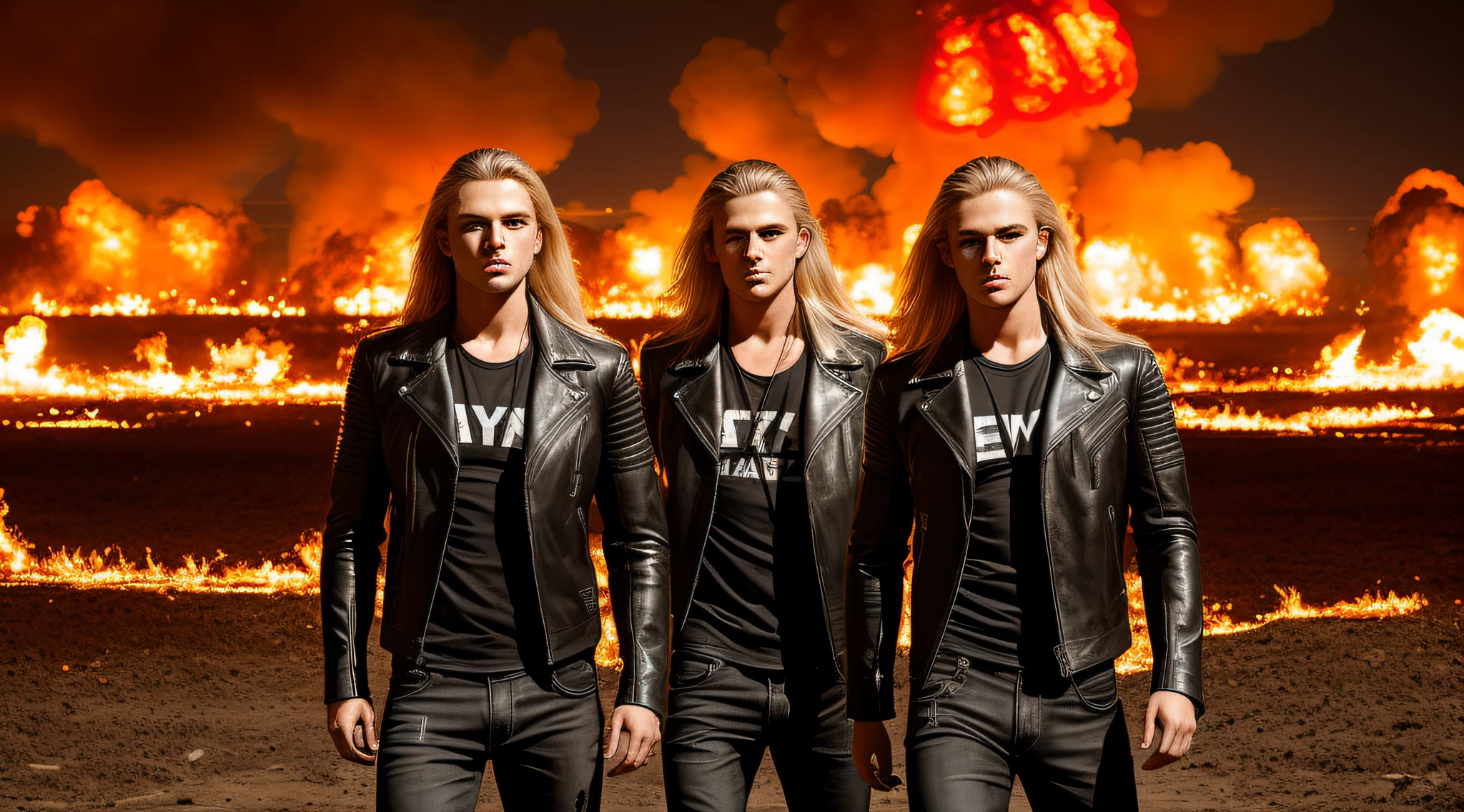 RAW, Award-winning Glamour photography of 3 three boys leather jacket black t-shirt and jeans, long blonde hair,close up, hyper-detailed, camouflaged, post-apocalyptic, nuclear Armageddon, urban landscape background burning at night, sandy, dirt, mushroom cloud, swollen, erect