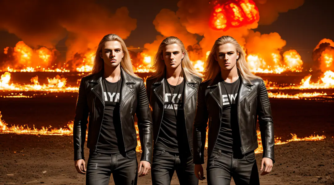 RAW, Award-winning Glamour photography of 3 three boys leather jacket black t-shirt and jeans, long blonde hair,close up, hyper-...