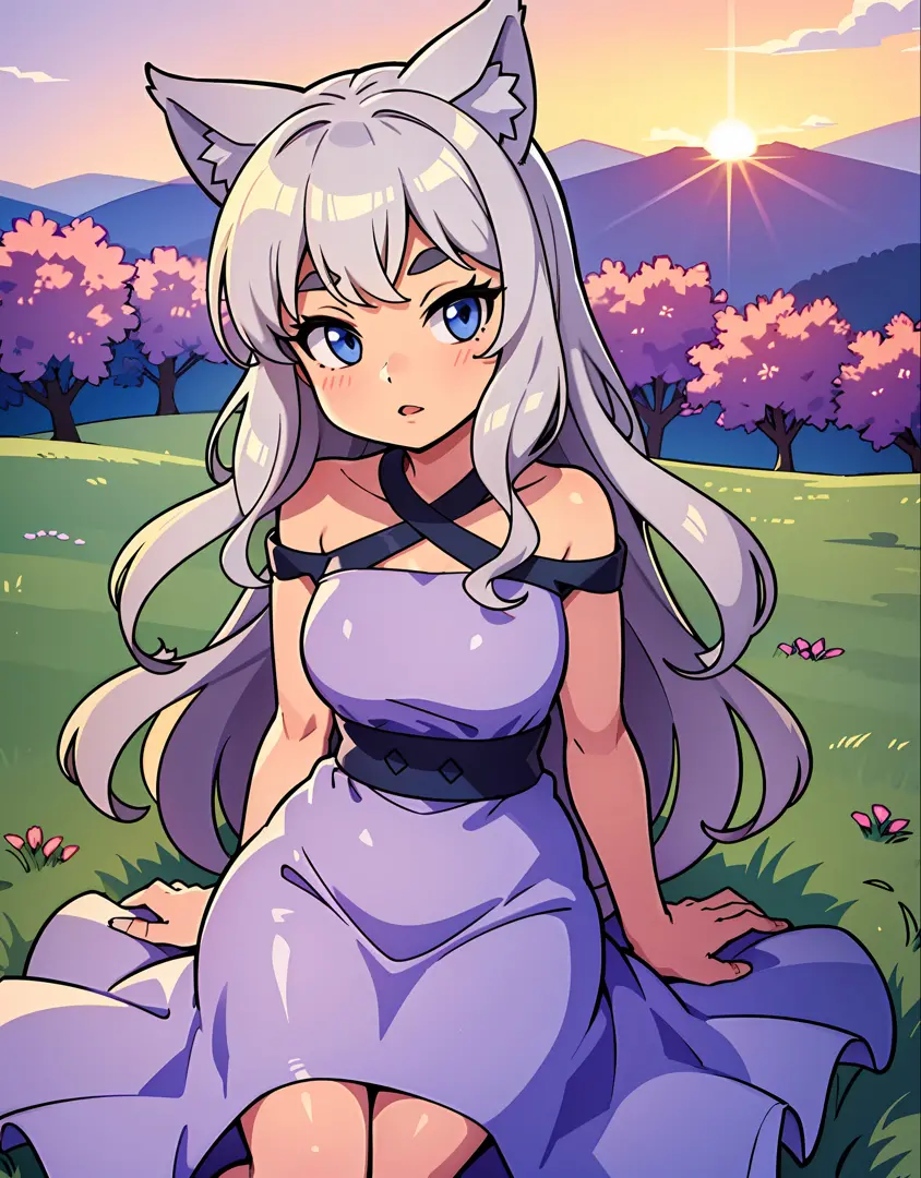 a single girl in the photo, full body, cute wolf girl, light gray hair and gray wolf ears, cute cheeks, purple round dress, chil...