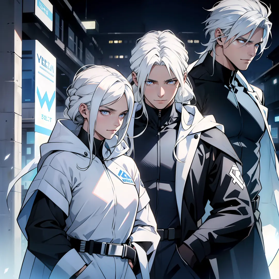 (three brothers who own an agency:1.2), white hair, cold eyes, (black suits:0.8), (1 woman:0.9+1 man:0.8+1 man: 0.9),