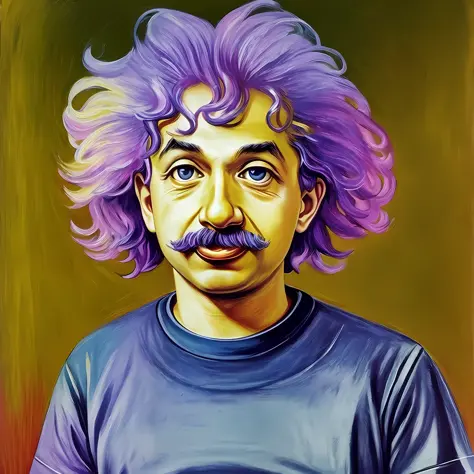 Young Albert Einstein, wearing T-shirt, showing tongue, grimace, vibrant colors, futuristic look