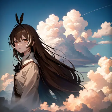 (人物: nanashi mumei), {brown hair},  absurdres, highres, (official art, beautiful and aesthetic:1.2), close view,
shining sky, va...