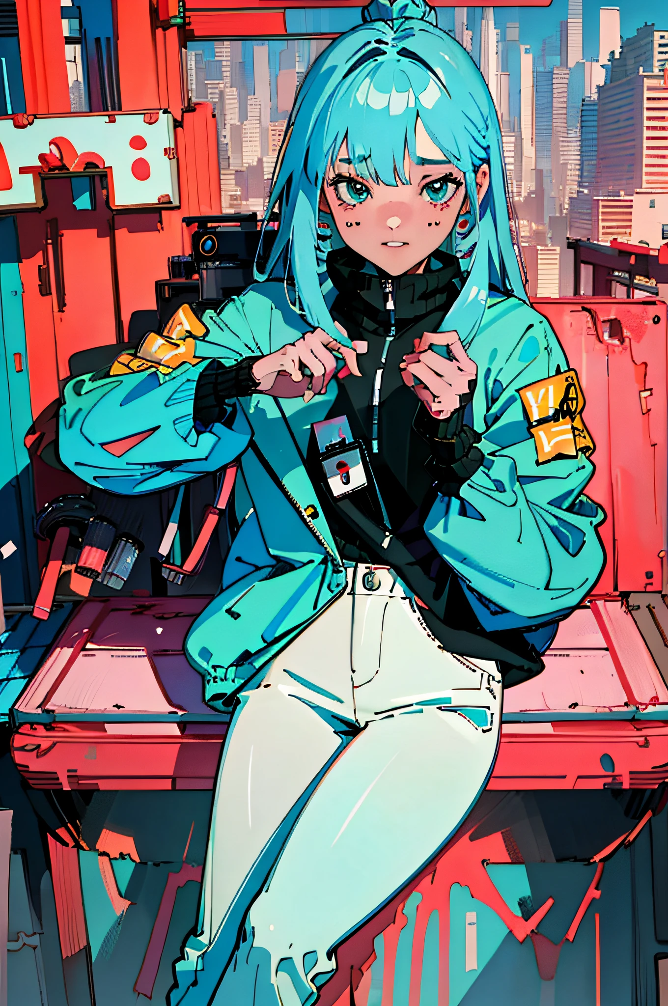 best quality, 4K wallpaper, masterpiece, extremely detailed CG unity 8k wallpaper, extremely detailed eyes, ultra-detailed, intricate details, 1girl,  Kobo, Multicolored hair, long hair, Aqua eyes, Jacket, white pants, character art style, retro art style,  public, outdoors, sitting, car, road sign, city,