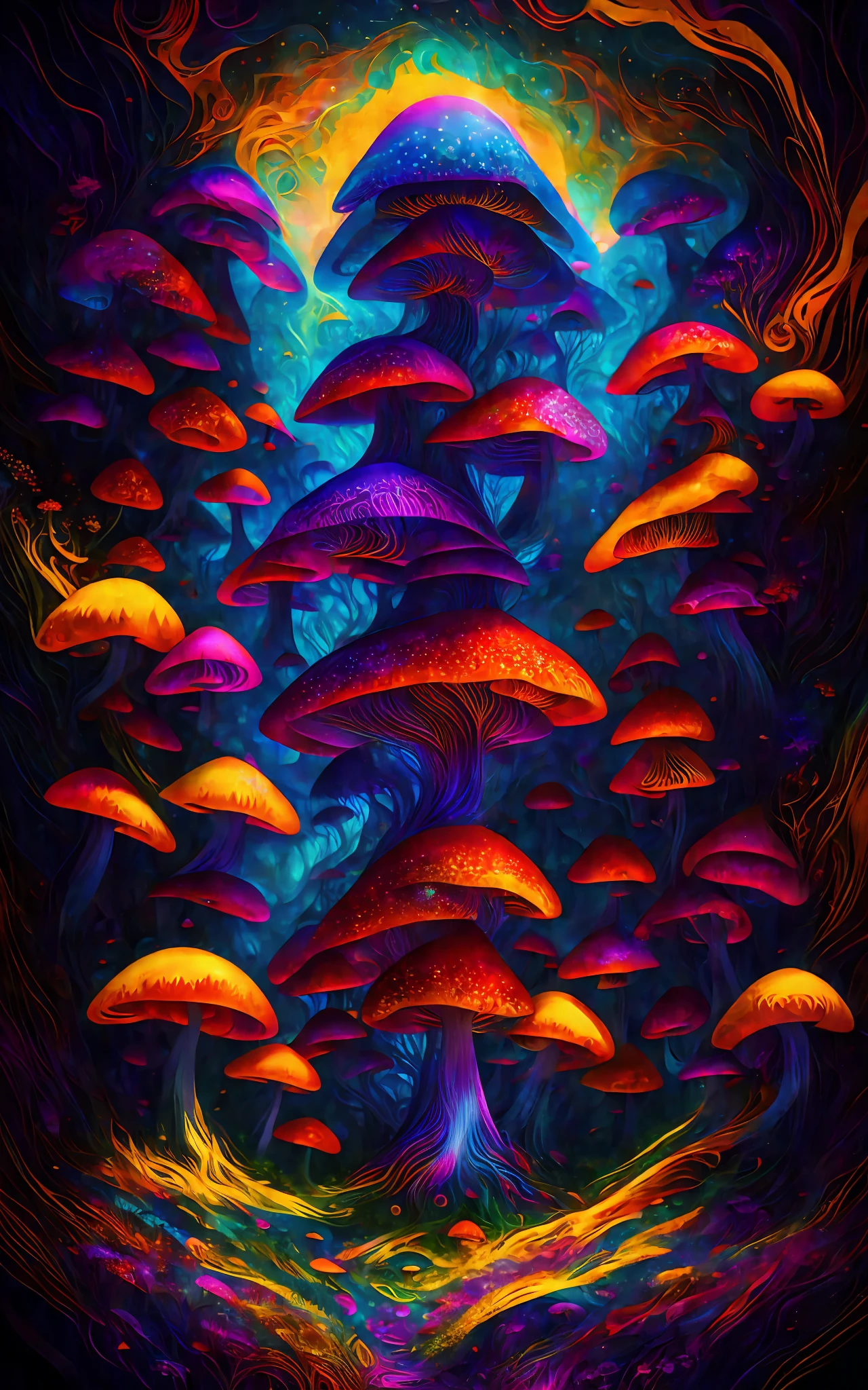 Vector Print in the Psychedelic Style: A mesmerizing combination of vibrant colors and abstract shapes in a mind-blowing setting. [A mushroom:1.9] psychedelic emerges at the center of the composition, emanating energy and mystery. Intricate details and psychedelic patterns wrap around the main element, creating a sense of movement and depth. Tags: [masterpiece], vector print, psychedelic style, mushroom, vibrant colors, abstract shapes, mind-blowing scenery, energy, mystery, intricate details, psychedelic patterns, movement, depth, [White background].