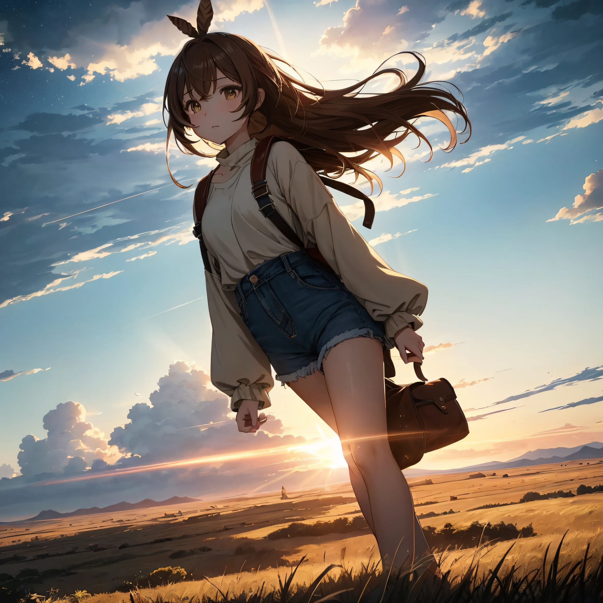 (人物: Nanashi Mumei), {brown hair}, (masterpiece:1.2), 1girl, solo, The vast sky, beautiful skyline, large grasslands, extremely tense and dramatic pictures, moving visual effects, high hanging Polaris, colorful natural glare. A girl in a long-sleeved top and denim shorts with a side backpack