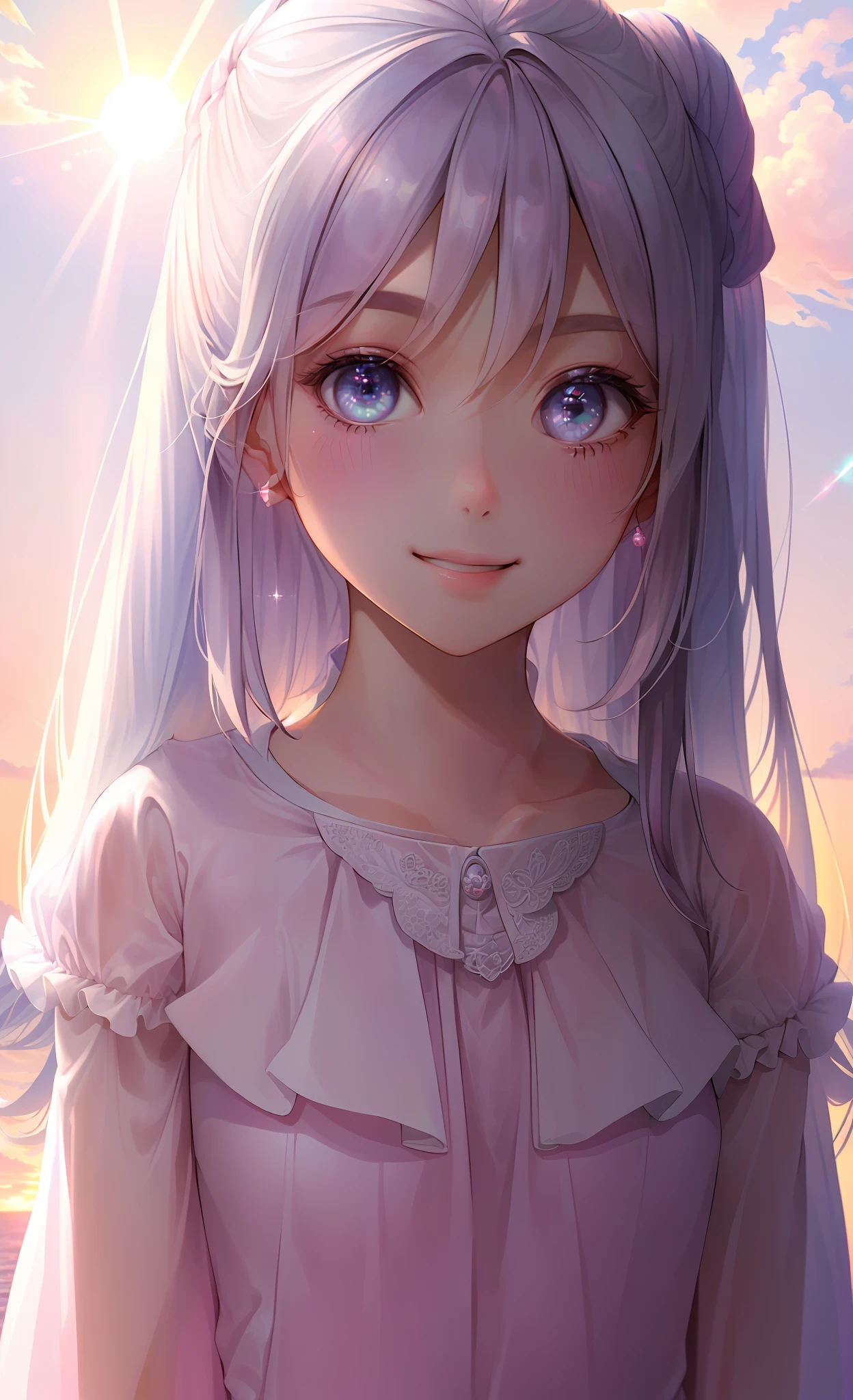 ((masterpiece)), (best quality), best resolution, (super detailed), ((perfect face)), perfect body, (expressive eyes), cute and beautiful girl, (smile), ((cute clothes)), ((pastel pink colours)) ((sky background)), sunset, sun rays, shiny, sparkles, (iridescent), (clean and smooth lines)