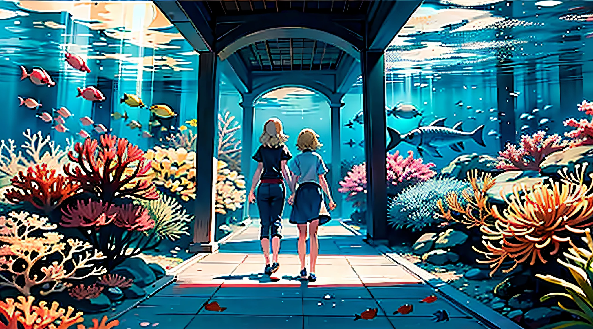 blonde mother and daughter, back, walk, underwater, air bubble, large aquarium, Sea World, (group of fish, fish:1.4), coral reefs, coral, reefs, (minimalist), colorful, indoor:1.2, play, fun, walk,